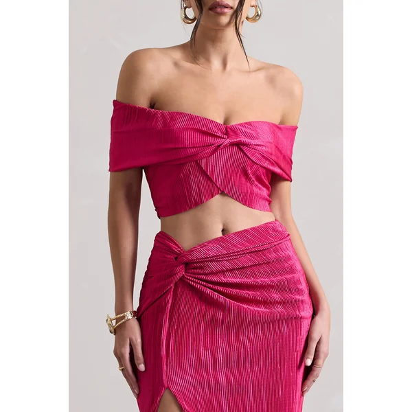 Seara | Crop top bardot torsadé en plissé rose fuchsia