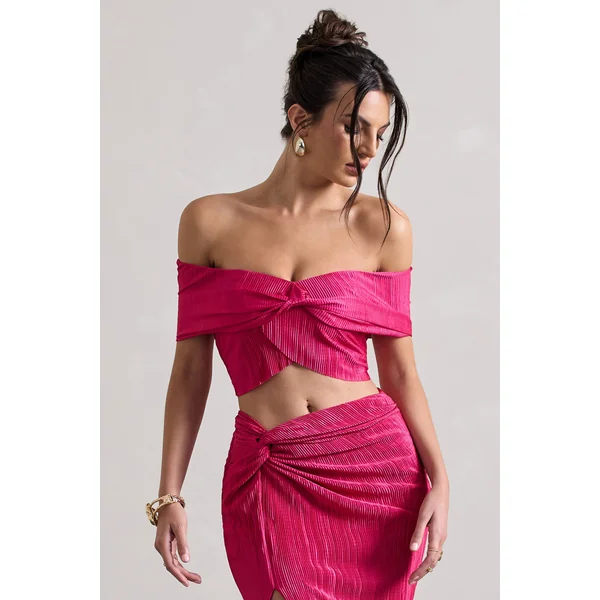 Seara | Crop top bardot torsadé en plissé rose fuchsia