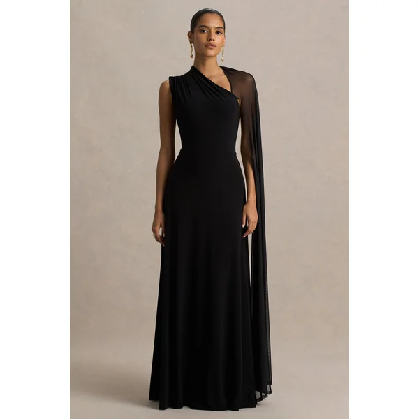 Selena | Robe longue noire à col montant avec découpe et manches cape