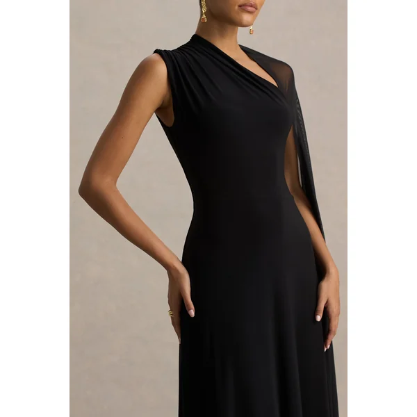 Selena | Robe longue noire à col montant avec découpe et manches cape
