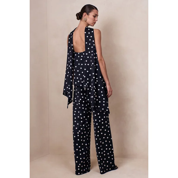 Seloria | Pantalon large en satin à pois noirs et blancs