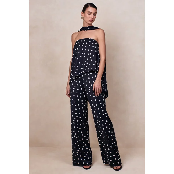 Seloria | Pantalon large en satin à pois noirs et blancs