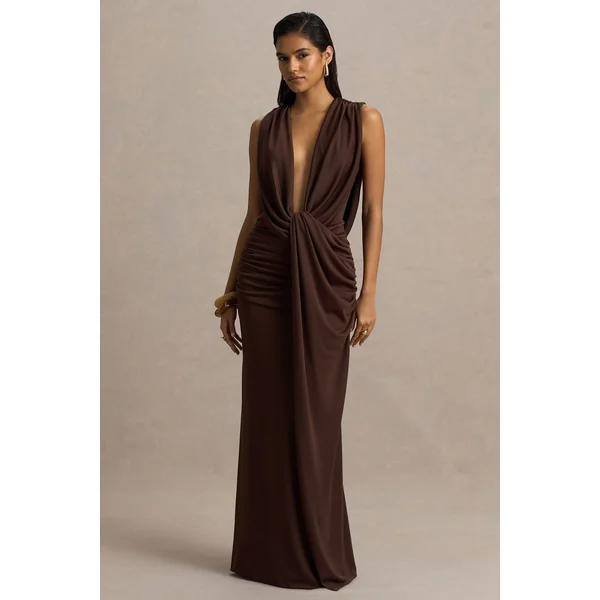 Serafina | Robe longue chocolat à décolleté plongeant extrême avec détails froncés et dos nu
