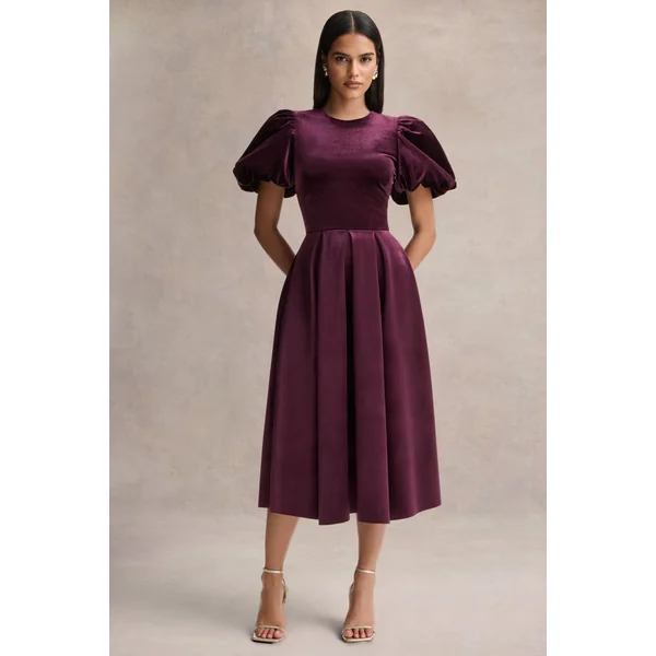Seraphic | Robe mi-longue bordeaux en velours à manches bouffantes