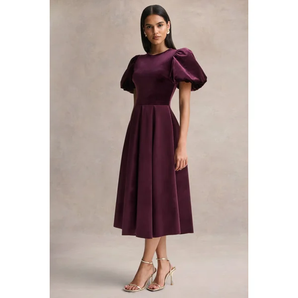 Seraphic | Robe mi-longue bordeaux en velours à manches bouffantes