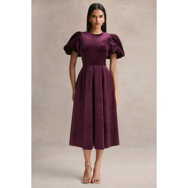 Seraphic | Robe mi-longue bordeaux en velours à manches bouffantes