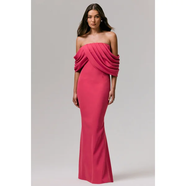 Serene | Robe longue bardot drapée rose fuchsia