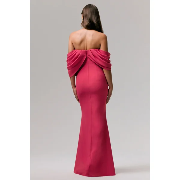 Serene | Robe longue bardot drapée rose fuchsia