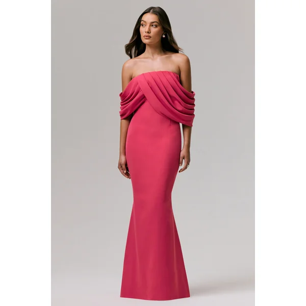 Serene | Robe longue bardot drapée rose fuchsia