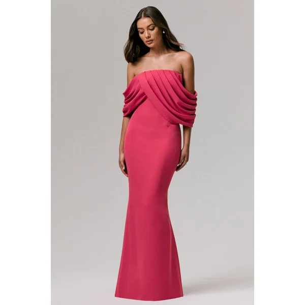 Serene | Robe longue bardot drapée rose fuchsia
