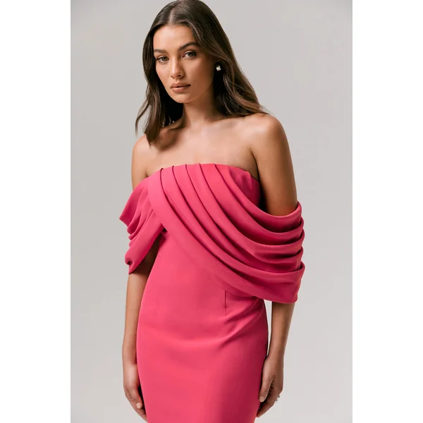 Serene | Robe longue bardot drapée rose fuchsia