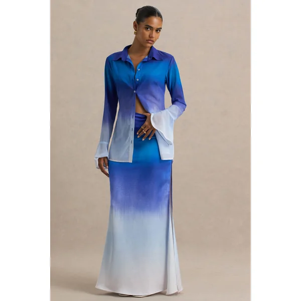Serita | Jupe longue en satin ombré bleu