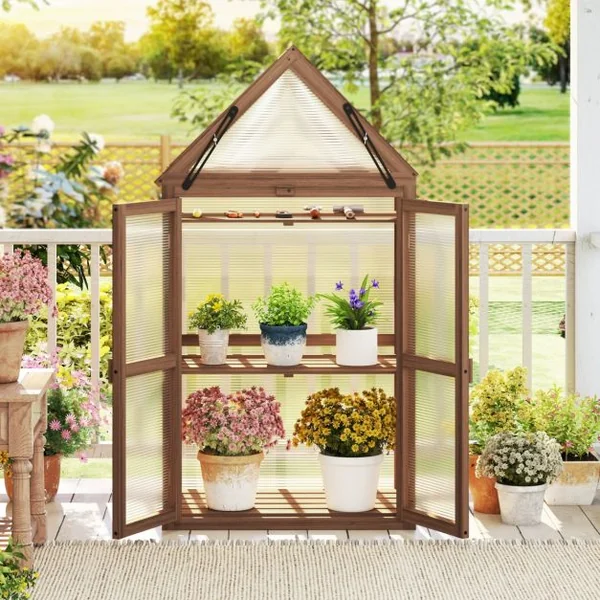 Serre de Jardin en Polycarbonate Cadre en Bois de Sapin 3 Étagères Réglables 71 x 41 x 133 cm 2 Porte Toit Ouvrant Brun