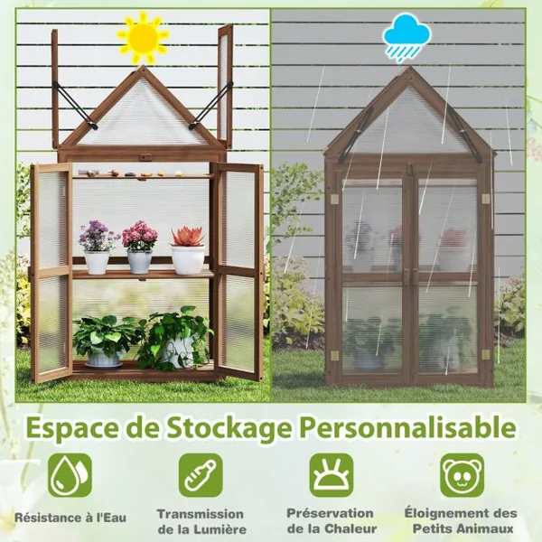 Serre de Jardin en Polycarbonate Cadre en Bois de Sapin 3 Étagères Réglables 71 x 41 x 133 cm 2 Porte Toit Ouvrant Brun