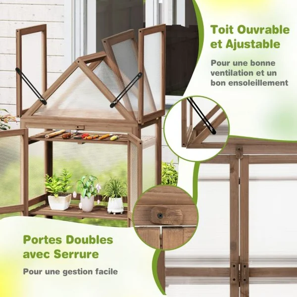 Serre de Jardin en Polycarbonate Cadre en Bois de Sapin 3 Étagères Réglables 71 x 41 x 133 cm 2 Porte Toit Ouvrant Brun