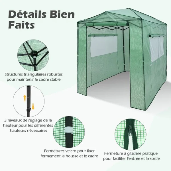 Serre de Jardin Portable avec 2 Larges Fenêtres Observation Tente pour Plantes Porte Enroulable à Double Fermeture Éclair 180 x 250CM