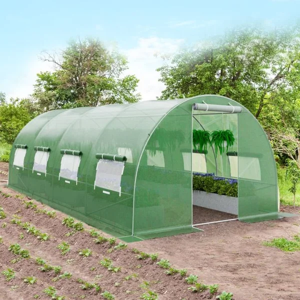 Serre de Jardin Tunnel Cadre en Acier Galvanisé Robuste Serre Tunnel Coupe-vent avec Cerceau 8 Fenêtres Enroulables Vert