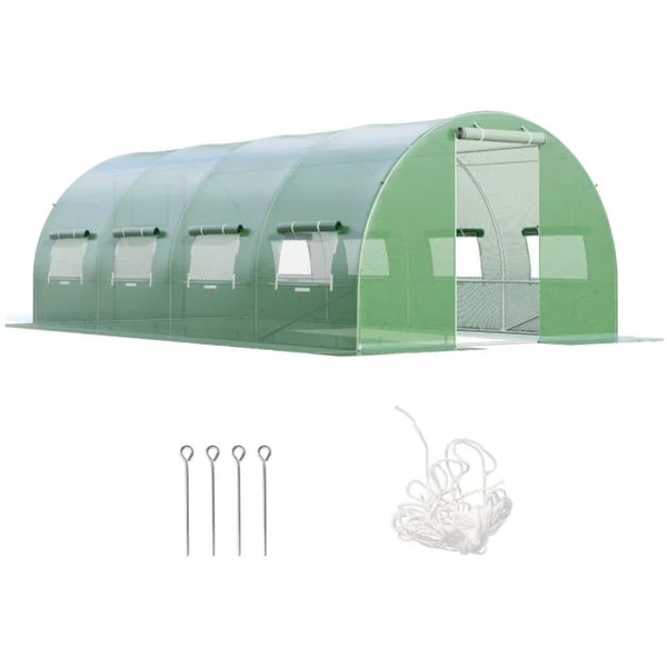 Serre de Jardin Tunnel Cadre en Acier Galvanisé Robuste Serre Tunnel Coupe-vent avec Cerceau 8 Fenêtres Enroulables Vert