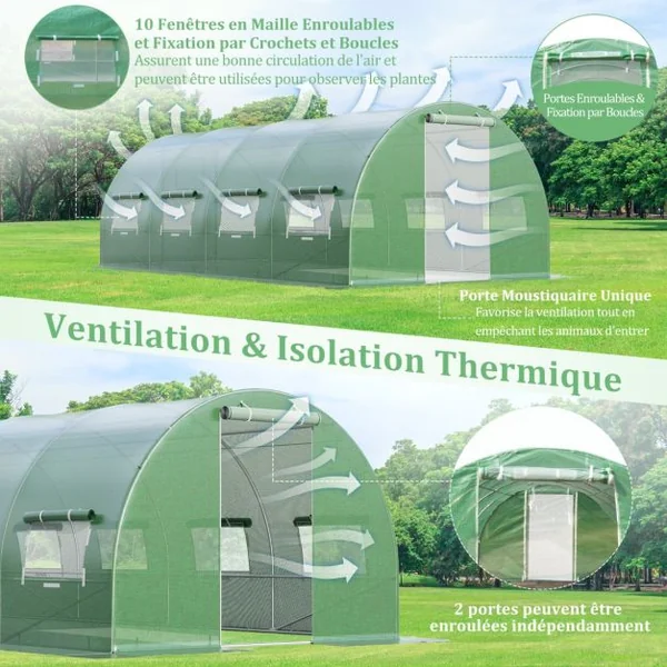 Serre de Jardin Tunnel Cadre en Acier Galvanisé Robuste Serre Tunnel Coupe-vent avec Cerceau 8 Fenêtres Enroulables Vert