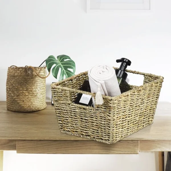 Set de 4 Paniers de Rangement en Jonc de Mer avec Poignées 30 x 22 x 15,5cm