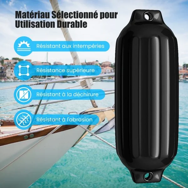 Set de 4 Pare-Battage Gonflables en PVC à Deux Œillets Nervurés pour Ponton Voilier Hors-Bord Noir/Bleu/Blanc
