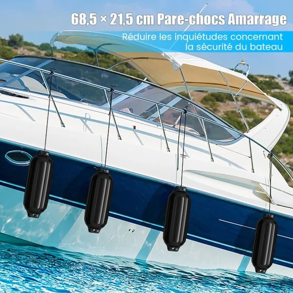 Set de 4 Pare-Battage Gonflables en PVC à Deux Œillets Nervurés pour Ponton Voilier Hors-Bord Noir/Bleu/Blanc