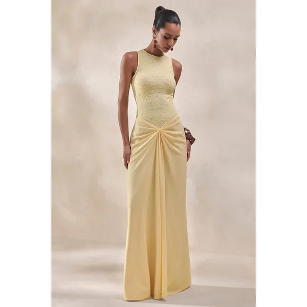 Setaria | Jupe longue en satin jaune citron avec détails froncés et drapé