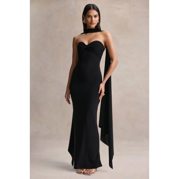 Sheila | Robe longue noire à décolleté bandeau avec détail foulard