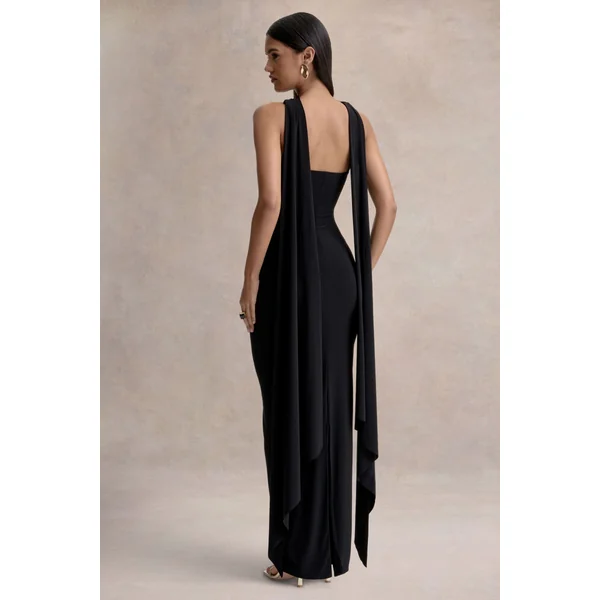Sheila | Robe longue noire à décolleté bandeau avec détail foulard