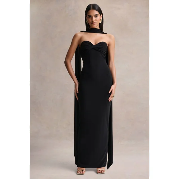 Sheila | Robe longue noire à décolleté bandeau avec détail foulard