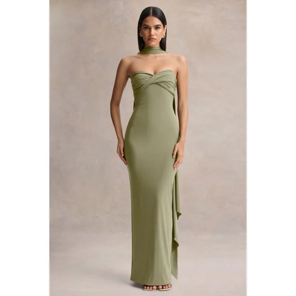 Sheila | Robe longue olive à décolleté bandeau avec détail écharpe