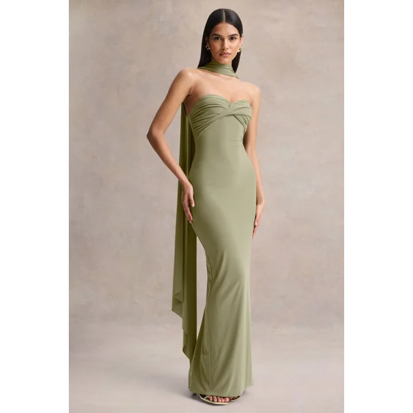 Sheila | Robe longue olive à décolleté bandeau avec détail écharpe
