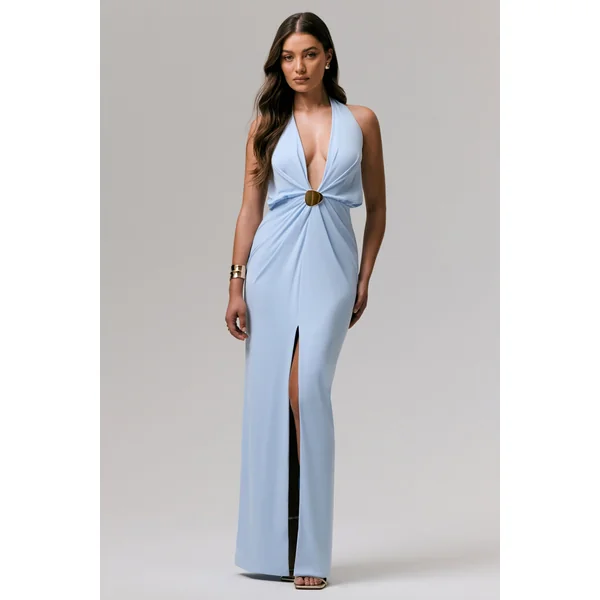 Shooting Star | Robe longue portefeuille bleu poudré à encolure plongeante avec détail à la taille