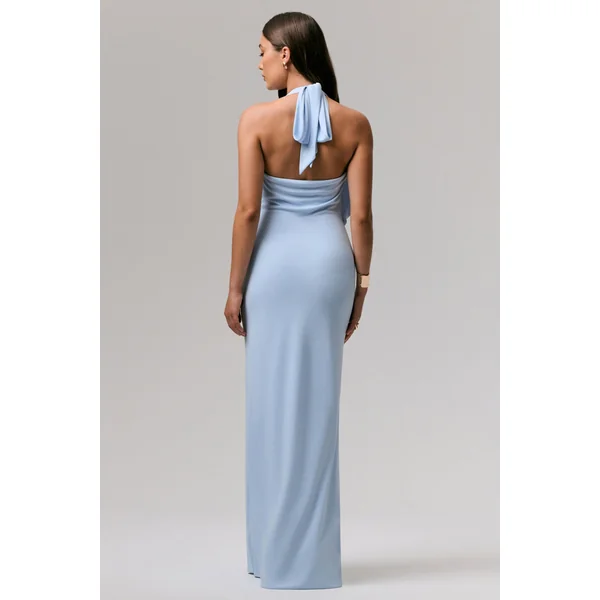 Shooting Star | Robe longue portefeuille bleu poudré à encolure plongeante avec détail à la taille