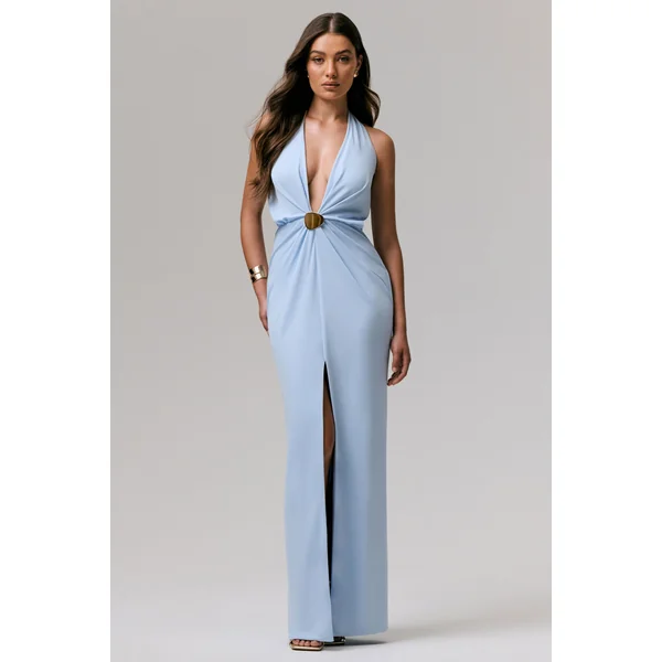 Shooting Star | Robe longue portefeuille bleu poudré à encolure plongeante avec détail à la taille