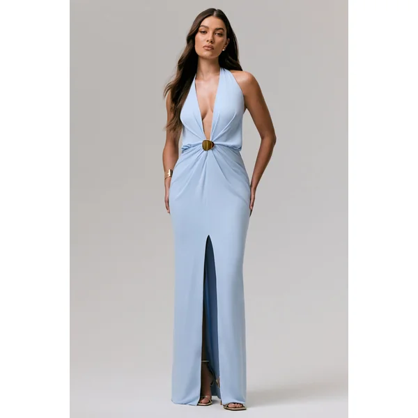 Shooting Star | Robe longue portefeuille bleu poudré à encolure plongeante avec détail à la taille