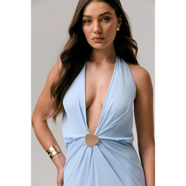 Shooting Star | Robe longue portefeuille bleu poudré à encolure plongeante avec détail à la taille