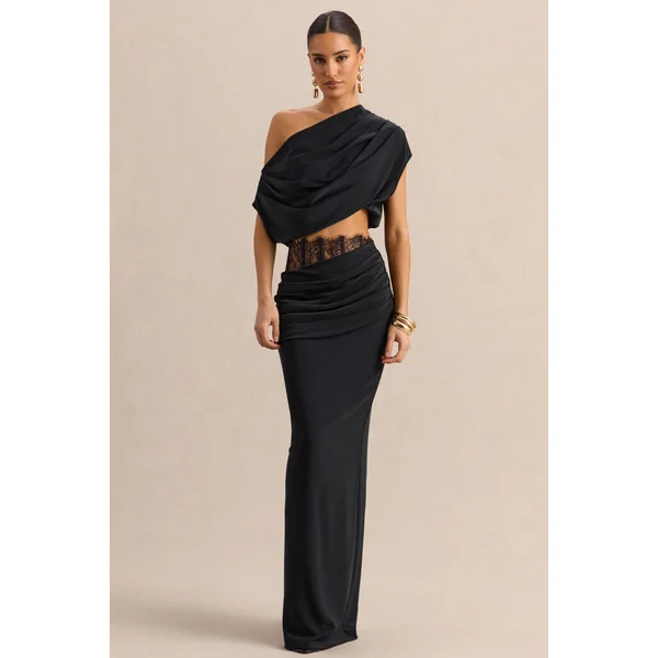 Silora | Jupe longue noire en satin avec détail en dentelle