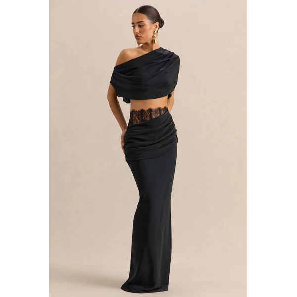 Silora | Jupe longue noire en satin avec détail en dentelle