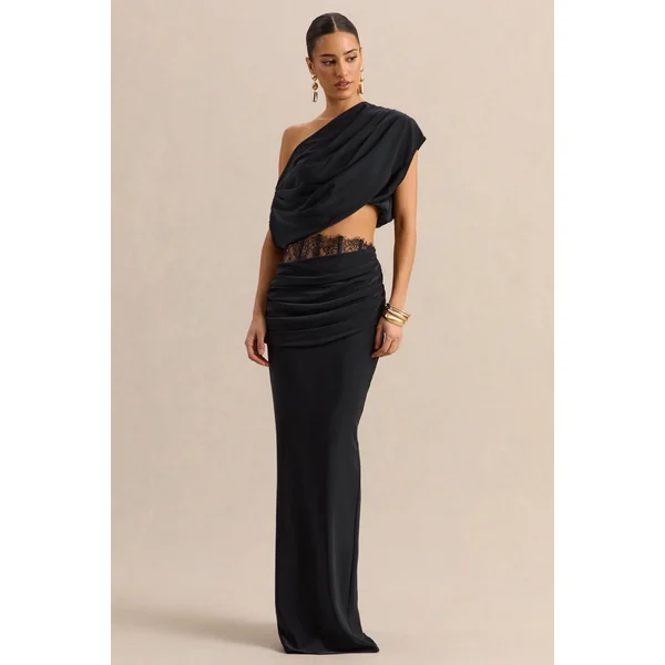Silora | Jupe longue noire en satin avec détail en dentelle
