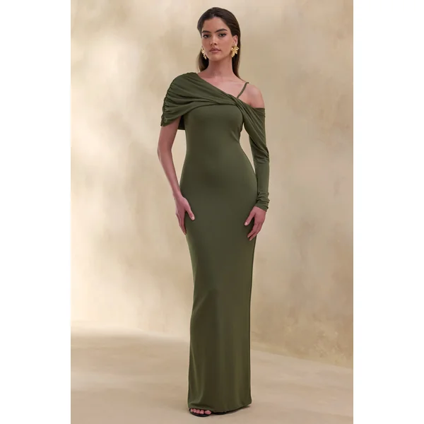 Silvaria | Robe longue olive à encolure asymétrique torsadée