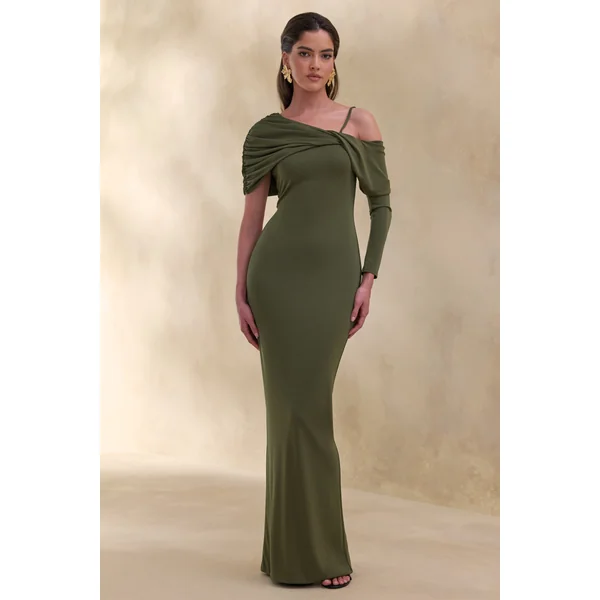Silvaria | Robe longue olive à encolure asymétrique torsadée