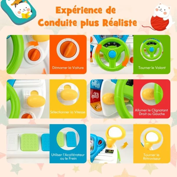 Simulateur de Conduite Volant Electronique pour Enfants avec Tabouret Sons et Lumières Klaxon Interphone pour 36 Mois+