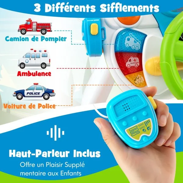 Simulateur de Conduite Volant Electronique pour Enfants avec Tabouret Sons et Lumières Klaxon Interphone pour 36 Mois+