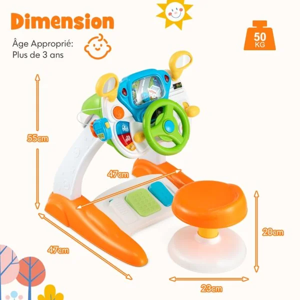 Simulateur de Conduite Volant Electronique pour Enfants avec Tabouret Sons et Lumières Klaxon Interphone pour 36 Mois+
