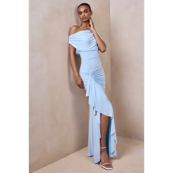 Siora | Robe longue bleu poudré à encolure asymétrique avec détails drapés