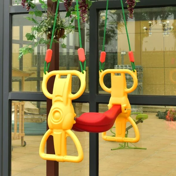 Siège balançoire double pour enfant +3 ans, avec pédales dossiers cordes réglables, Capacité 2 x 25kg, Jaune et rouge