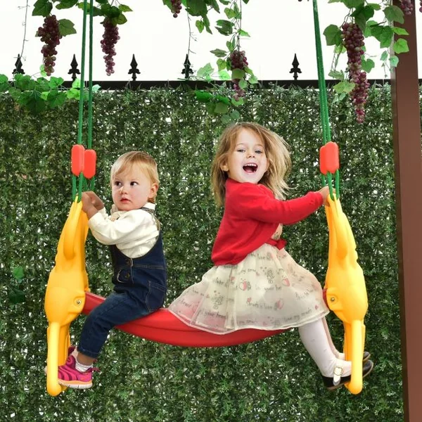 Siège balançoire double pour enfant +3 ans, avec pédales dossiers cordes réglables, Capacité 2 x 25kg, Jaune et rouge