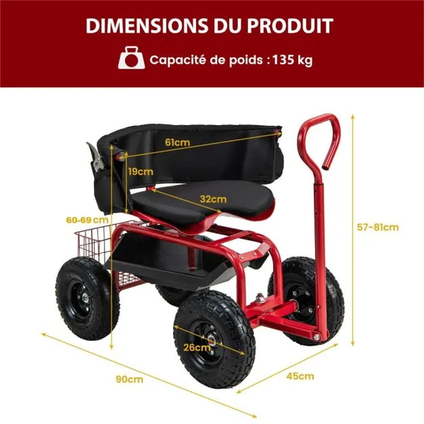 Siège de Jardin Roulant avec Poignée&Siège Pivotant à 360°Charge 150KG