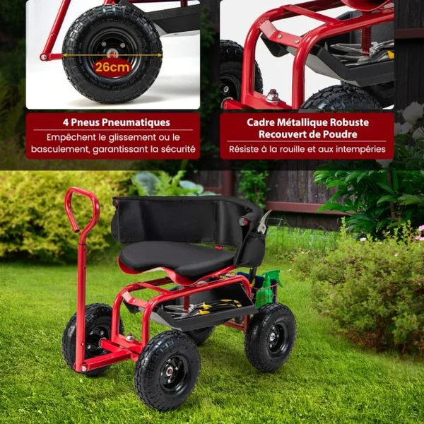 Siège de Jardin Roulant avec Poignée&Siège Pivotant à 360°Charge 150KG